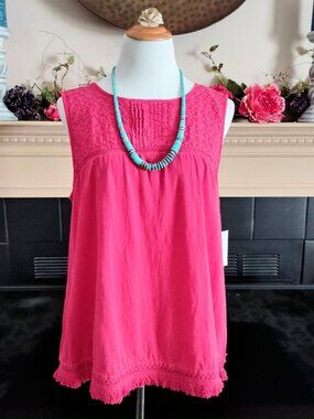 Indigo GNW Sleeveless Boho Top XL Strawberry Embroidered Fringe Keyhole Cotton
